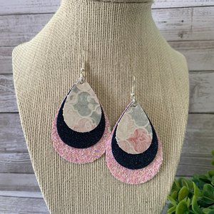 Lightweight Glitter Floral Earrings, Navy and Pink Dangles, Handmade Jewelry